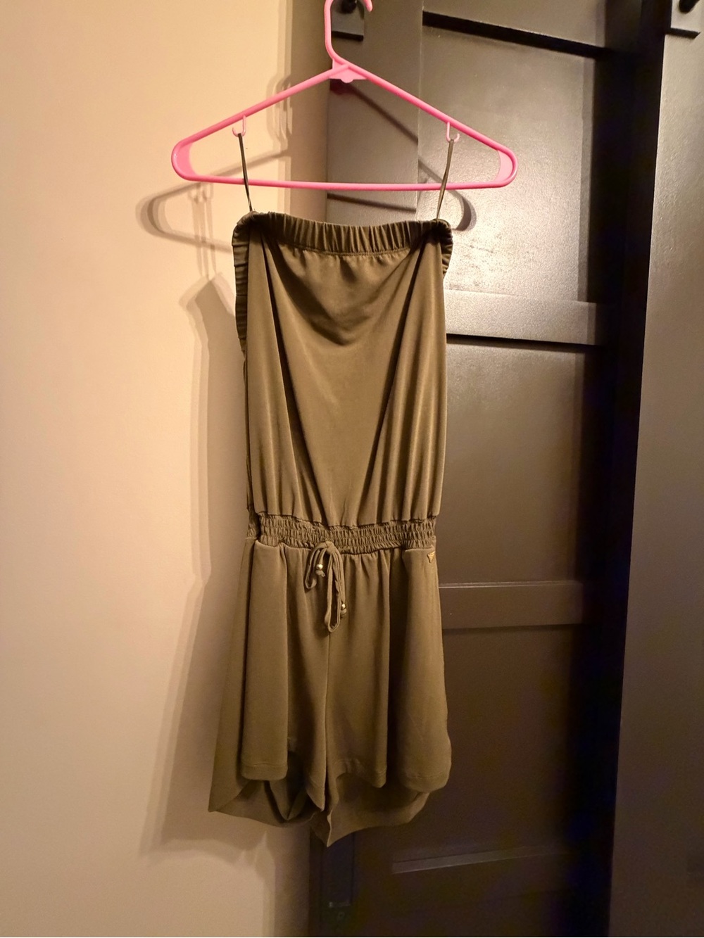 Guess Olive Green Strapless Romper with Red Logo Tag